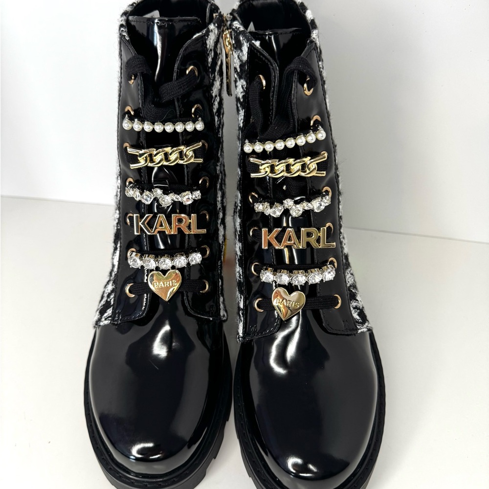 New Karl Lagerfeld Mela Tweed Black/White Combat Boots